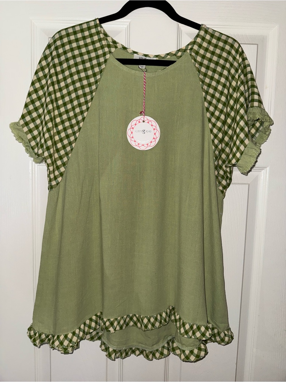 Umgee Olive Green Gingham Sleeve Ruffle Top